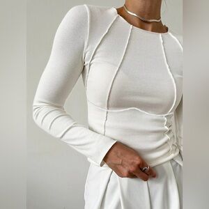 White Commense Basic Piping Long Sleeve Top